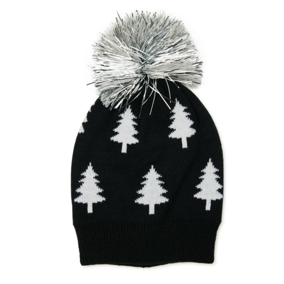 Holiday Time Women's Pine Tree Pom Pom Beanie Hat Black Soot NWT - Picture 1 of 3